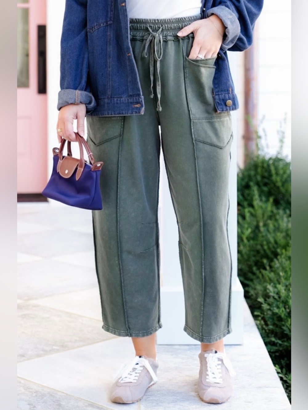 Mineral Wash Elastic Waistband Barrel Pants - pine green - Picture 4 of 6